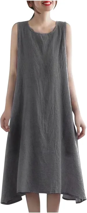 Womens Cotton Linen Crewneck Tank Dress Trendy Comfy Sleeveless Loose Midi Dresses Summer Plus Size Beach Sundress