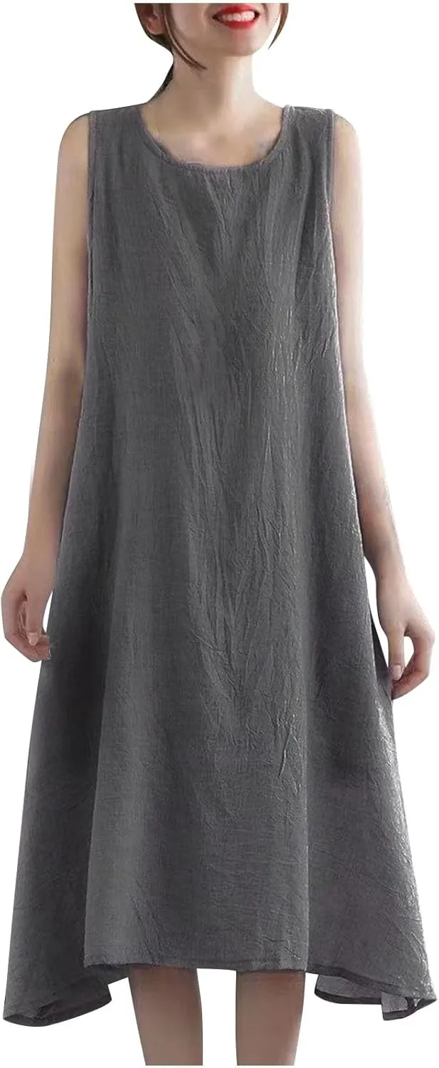 Womens Cotton Linen Crewneck Tank Dress Trendy Comfy Sleeveless Loose Midi Dresses Summer Plus Size Beach Sundress
