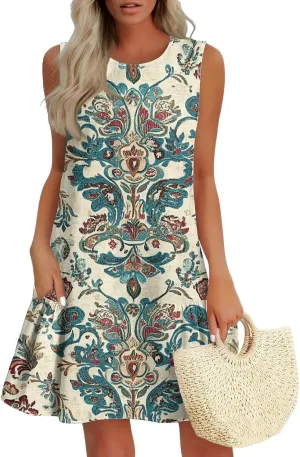 Women's Summer Tank Dress with Pockets, Loose Ruffle Sleeveless Crew Neck Casual Mini Beach Vacation Sundresses