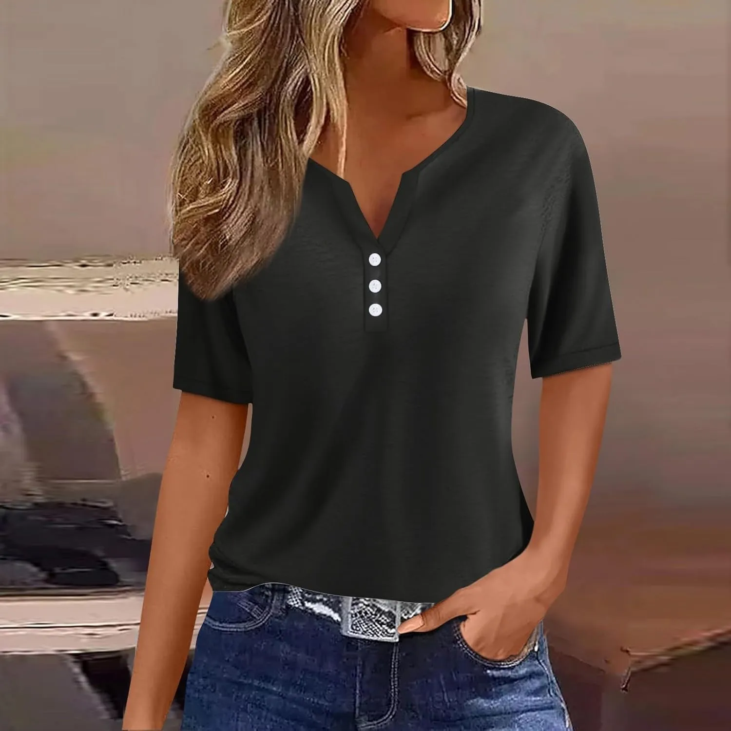 Women's T-Shirts Summer Tops 2025 Vacation Trendy V Neck Boho Short Sleeve Shirts Casual Loose Comfy Tunics