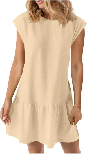yardsong Cap Sleeve Dress for Women Summer Trendy Round Neck Mini Dresses Casual Loose Ruffle Hem Flowy Tunic Dresses